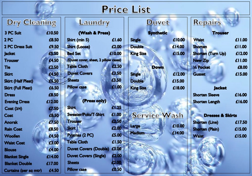 Price List Aqua Dry Cleaners And Launderette